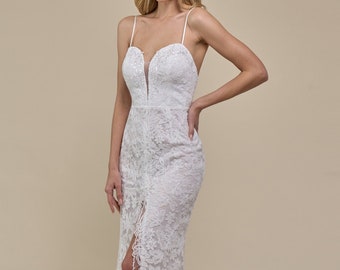 Simple, Affordable All over lace, Front slit Sheath Shape Wedding Dress. Reception dress, Destination wedding dress, Bridal shower dress.