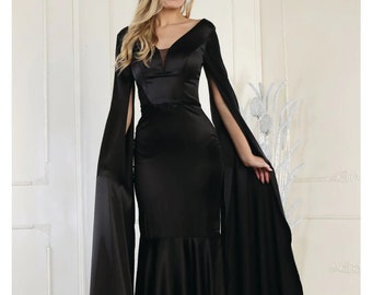 Stunning Black unconventional Gothic Bride, Non-Traditional, long Cape sleeves fitted Mermaid Wedding Dress.