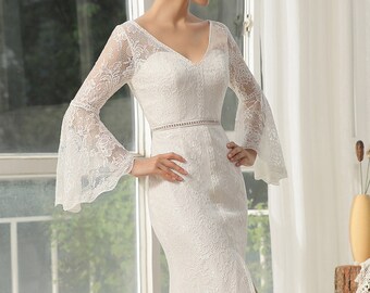 Beach Bohemian Bell sleeves, High slit, Fitted Lace Wedding Dress. Plus size Available 20 us to 28 us