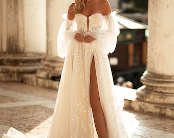 Luxury wedding dress, Sparkle wedding dress, off the shoulder wedding dress, side slit wedding dress, Modern wedding dress.