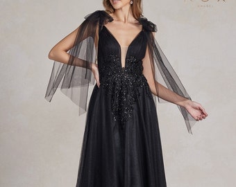 Black Unconventional/ Non Traditional, Thin Straps Dress, Romantic Sparkle gothic A line Wedding Dress, Gothic bride Dress. Black dress.