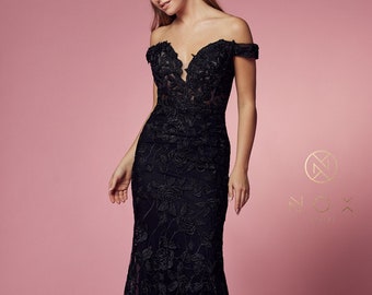 Black Unconventional/ Non Traditional, Off the shoulder, All over lace Mermaid Wedding Dress, Gothic Wedding  Ship in 10 to 15 days!