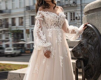 Romantic detachable sleeves, off the shoulder,  Floral A Line Wedding Dress  Available in Plus size (18us- 26 us)