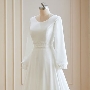 Modern Simple, Modest LDS, Bishop Long Sleeves, A line Wedding Dress. Plus size available. Conservative wedding dress.