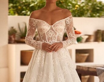 Stunning Modern Romantic off the shoulders wedding dress, Princess Ball gown wedding dress, long sleeves wedding dress, modern wedding dress