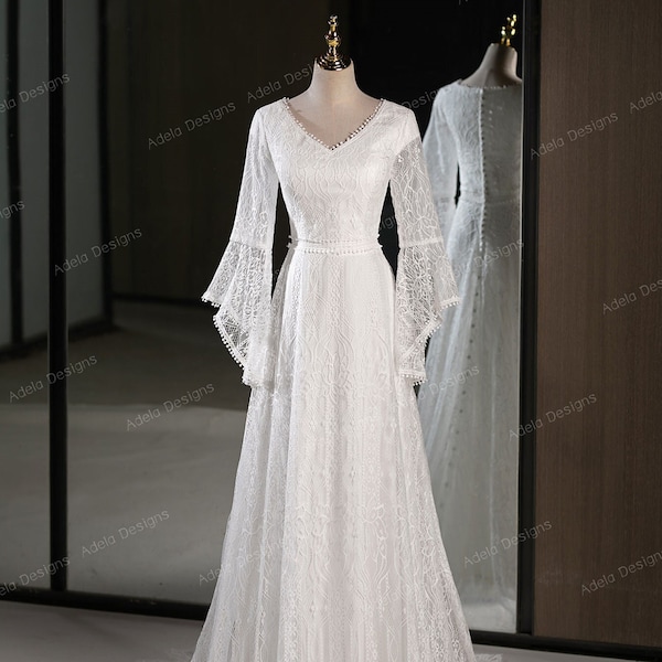 Modest Bell sleeves wedding dress, Modest LDS wedding dress, Conservative wedding dress, Modest dress,  Bohemian modest dress. Boho dress.