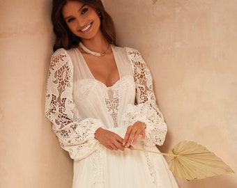 Bohemian Long Bishop Sleeves, Flowy Chiffon and lace Paneled A line Wedding Dress.