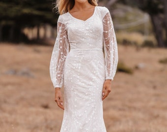 Classic, Long Sleeves Modest LDS Lace Mermaid Wedding Dress. Plus size available. Conservative wedding dress.