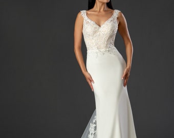 Classic Simple Satin, Sleeveless, Illusion Train Fit and Flare Wedding Dress. Plus size Available 20 us to 28 us