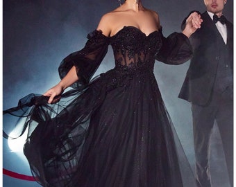 Atemberaubende schwarze unkonventionelle Gothic Braut, nicht-traditionell, weg von der Schulter, Spitze Sparkle Ballkleid Brautkleid.