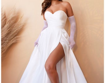 Simple Satin , Side Leg Slit, A line Wedding Dress, Beach, Reception, Bridal Shower, Bachelorette Party, Reception Dress. Plus size Dress.