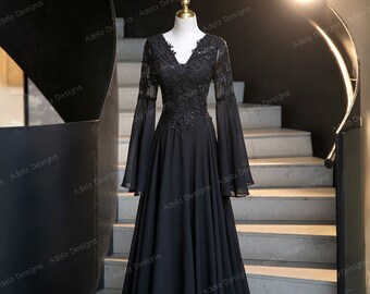 Black wedding dress, Bell sleeves wedding dress, Gothic wedding dress, unconventional wedding,  A line  wedding dress.