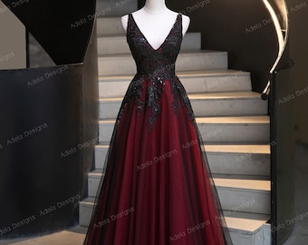 Black and red wedding dress, Black wedding dress, Gothic wedding dress, unconventional wedding,  A line wedding dress, Red wedding dress