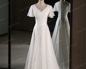 Bescheidenes Flatterärmel Brautkleid, Bescheidenes LDS Hochzeitskleid, Konservatives Brautkleid, Bescheidenes Kleid, Fließendes Chiffon bescheidenes Kleid.