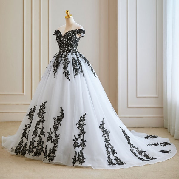 Stunning Black and  White unconventional Gothic Bride, Non-Traditional, Off the shoulder Ball gown Wedding Dress. Plus size available.