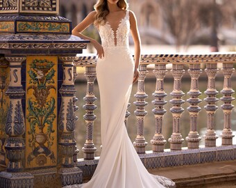 Luxury Mermaid Dress, Plunge neck, Simple Minimalist dress, illusion train mermaid wedding dress. simple Wedding dress, Modern wedding dress
