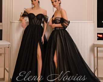 Atemberaubendes schwarzes unkonventionelles Gothic Brautkleid, Non-Traditional, Off the Shoulder, High Slit Ball Kleid Hochzeit Kleid.