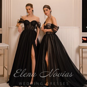 Stunning Black unconventional Gothic Bride, Non-Traditional, Off the shoulder, High slit Ball gown Wedding Dress.