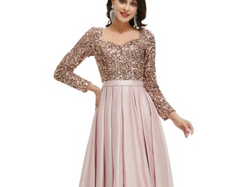 Gala, Special occasion,  Long Sleeves, Sparkle, Sequined A line Long Prom Dress. LDS Modest, conservative dress.