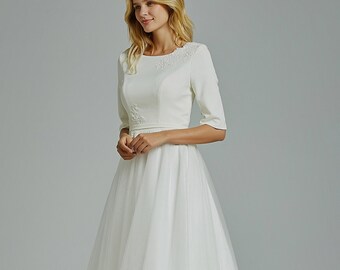 Simple, 3/4 sleeves Modest LDS, Satin Tulle A line Wedding Dress.