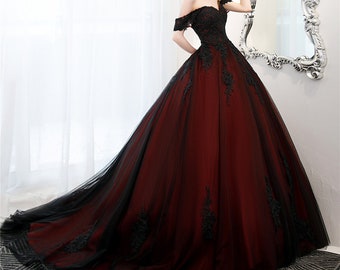 Stunning Black and Red unconventional Gothic Bride, Non-Traditional, Off the shoulder Ball gown Wedding Dress. Plus size available.