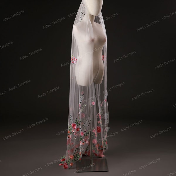 Floral bridal veil, flower embroidery lace veil, bridal veil, embroidery veil/ flower veil, wedding veil bespoke veil custom veil.
