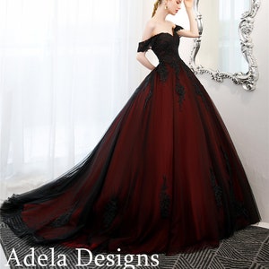 Stunning Black and Red unconventional Gothic Bride, Non-Traditional, Off the shoulder Ball gown Wedding Dress. Plus size available.