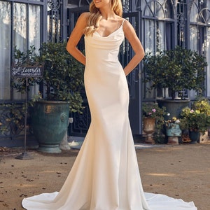 Stunning Simple Satin, Cowl neck, sleeveless Mermaid  Wedding Dress.