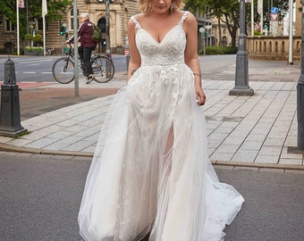 Sexy Plus size & Curvy  Romantic A line, front slit, Wedding Dress. Size available 18 us to 32 us