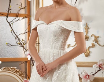 Romantic Off the Shoulder,  All over Lace A line/ Ball gown Wedding Dress. Plus size Available 18 us to 26 us