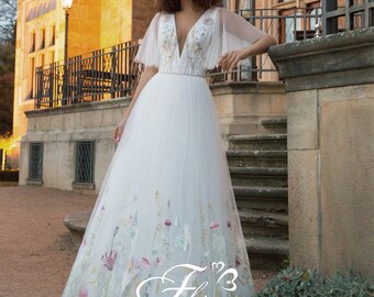 Stunning Modern Bride, Alternative, Romantic Flutter Sleeves gown, Botanical/ Floral Al Line/ Ball gown Wedding dress.