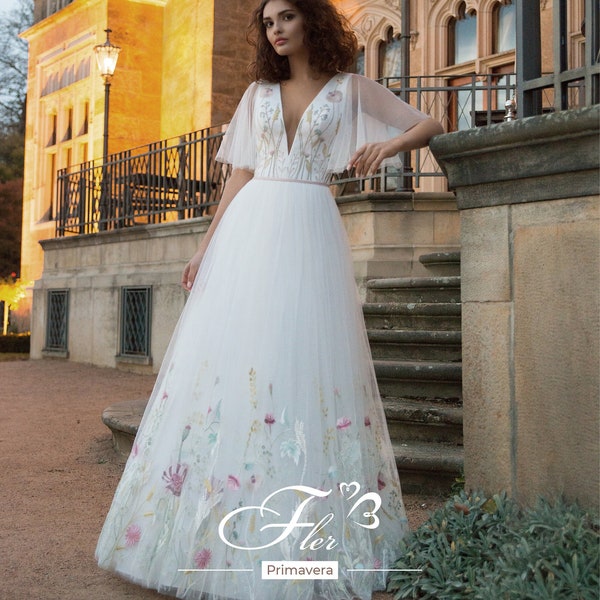 Stunning Modern Bride, Alternative, Romantic Flutter Sleeves gown, Botanical/ Floral Al Line/ Ball gown Wedding dress.