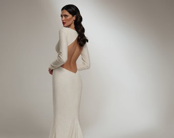 Glitter Long Sleeves Open Back Sheath shape Wedding dress.