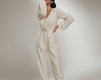 Sparkle- Glitter Bridal Jumpsuit, Bridal Pantsuit ,Simple minimalist, Deep V Neck, Wedding Jumpsuit.