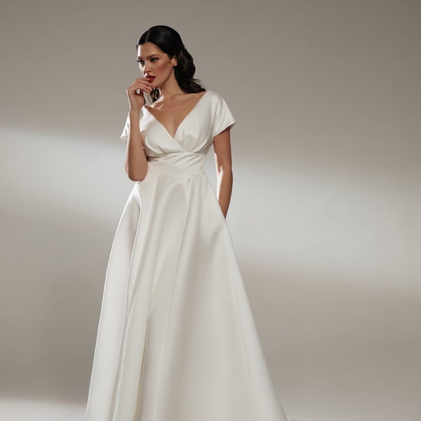 Short Sleeves, Empire Waist, V neck A line Simple minimalist Wedding dress