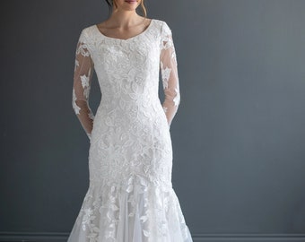 Classic Modest LDS. Long  Sleeves, Lace Mermaid Wedding Dress. Plus size available. 20 to 28 us  Conservative wedding dress.