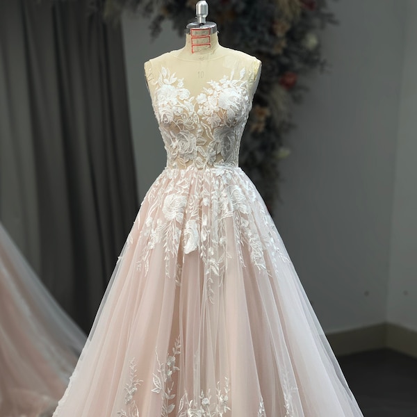 Romantic Sleeveless Sabrina neckline, A line wedding Dress. Also available in Black and Red color.