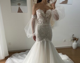 Stunning Off the shoulder, Mermaid All over lace Wedding Dress.