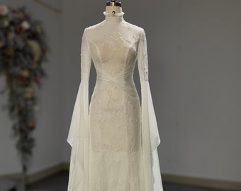 Sexy illusion, High neck, Watteau /Cape Sleeves, Lace Fit and Flare, Ruffle Train Wedding Dress. Also available in Black