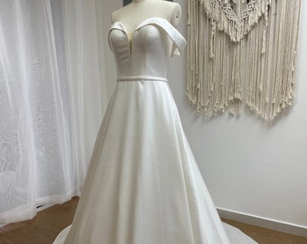 Simple Satin Off the shoulder A line Wedding Dress.