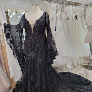 Gothic Unconventional / Non Traditional  Lace long Bell Sleeves Mermaid Wedding Dress. Black Dress, Gothic Bride. Black gown. Plus size.