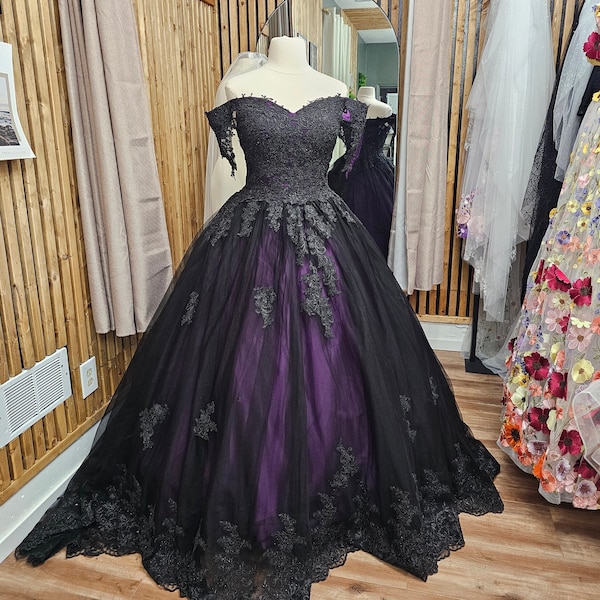 Stunning Black and Purple dress, unconventional Gothic Bride, Non-Traditional,Off the shoulder Ball gown Wedding Dress. Purple wedding dress