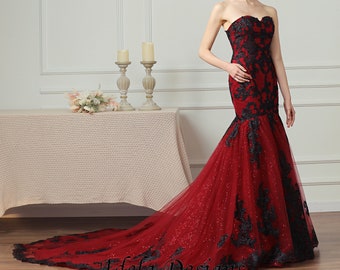 Stunning Black and Red unconventional Gothic Bride, Non-Traditional, Mermaid  Wedding Dress. Plus size available.