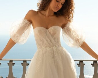 Modern Off the shoulder, Long Sleeves, Bustier Bodice, Tulle Ball Gown Wedding Dress.