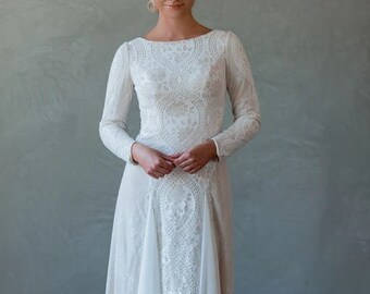 Boho Bohemian, Long Sleeves Modern, Modest LDS, Fitted Wedding Dress. Plus size available. 20 to 28 us Conservative wedding dress.