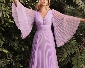 Long Bell Sleeves, Pleated Chiffon A line dress, Bridesmaids dress, Special occasion, Evening Gala, Wedding guest dress , Plus size Dress.