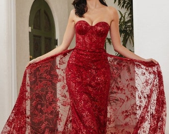 Stunning Evening Gown, Strapless, Overskirt, Glitter Long Prom Dress.