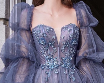 Stunning Evening, Special Occasion , Princess Off the shoulder Gown,  Long Prom dress, Sparkle Ball gown Dress, Dusty Blue Dress