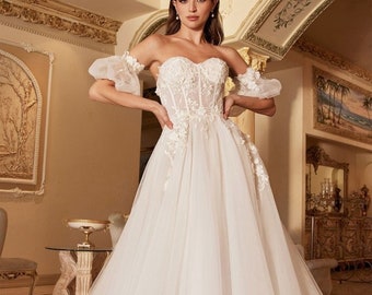Romantic Off the shoulder, Bustier Bodice, Lace Ball gown Wedding Dress.