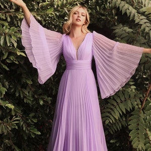 Long Bell Sleeves, Pleated Chiffon A line dress, Bridesmaids dress, Special occasion, Evening Gala, Wedding guest dress , Plus size Dress. Lavender